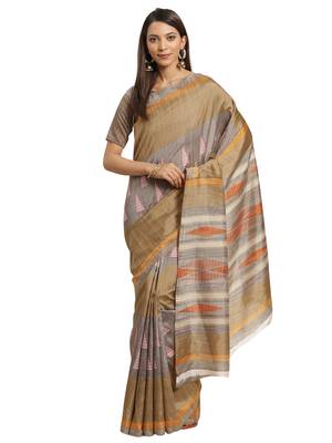 Beige printed bhagalpuri saree with blouse 1