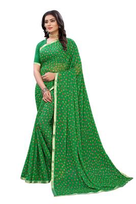 Green printed chiffon saree with blouse 1