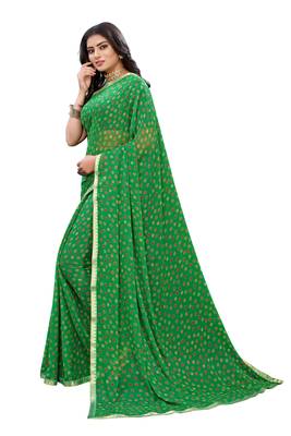 Green printed chiffon saree with blouse 2