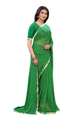 Green printed chiffon saree with blouse 3