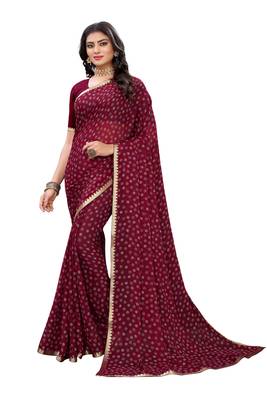 Maroon printed chiffon saree with blouse 1