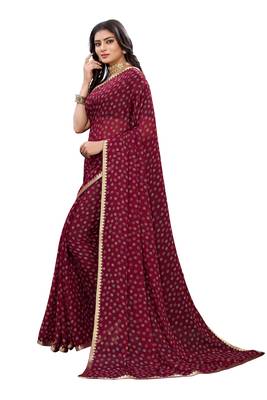 Maroon printed chiffon saree with blouse 3
