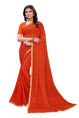 Orange printed chiffon saree with blouse 1