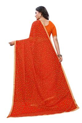 Orange printed chiffon saree with blouse 2
