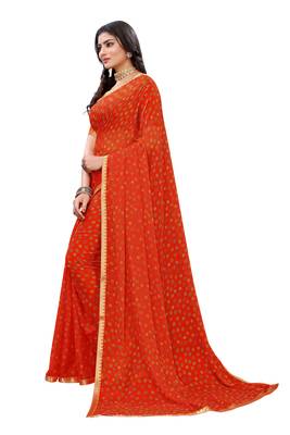 Orange printed chiffon saree with blouse 3