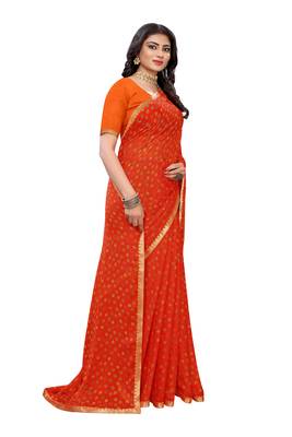 Orange printed chiffon saree with blouse 4