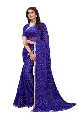 Blue printed chiffon saree with blouse 1