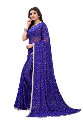 Blue printed chiffon saree with blouse 3