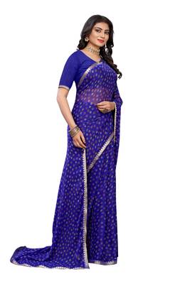 Blue printed chiffon saree with blouse 4