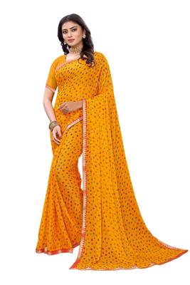 Yellow printed chiffon saree with blouse 1