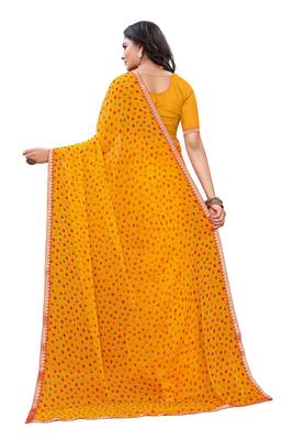 Yellow printed chiffon saree with blouse 2