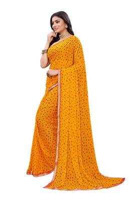 Yellow printed chiffon saree with blouse 3