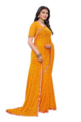 Yellow printed chiffon saree with blouse 4