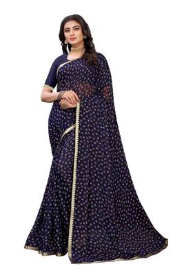 Navy blue printed chiffon saree with blouse 1