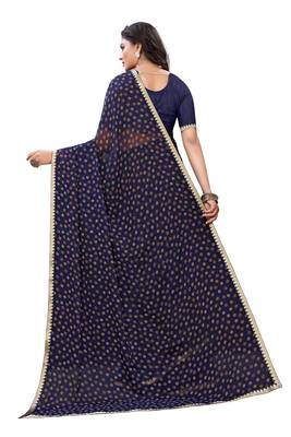 Navy blue printed chiffon saree with blouse 2