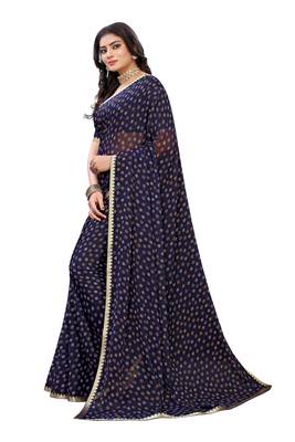 Navy blue printed chiffon saree with blouse 3