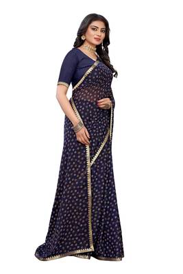 Navy blue printed chiffon saree with blouse 4