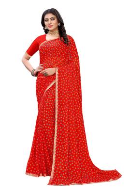 Orange printed chiffon saree with blouse 1