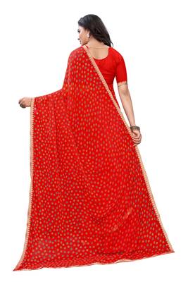 Orange printed chiffon saree with blouse 2