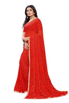 Orange printed chiffon saree with blouse 3