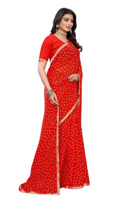 Orange printed chiffon saree with blouse 4