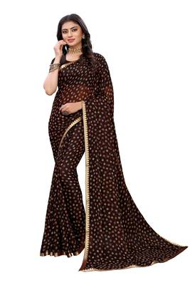 Brown printed chiffon saree with blouse 1