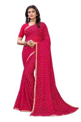 Pink printed chiffon saree with blouse 1