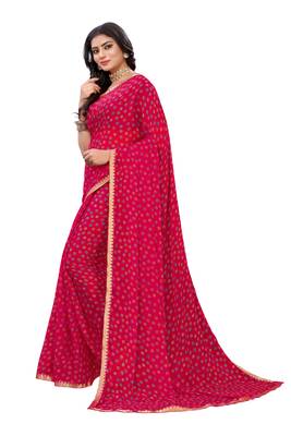 Pink printed chiffon saree with blouse 3