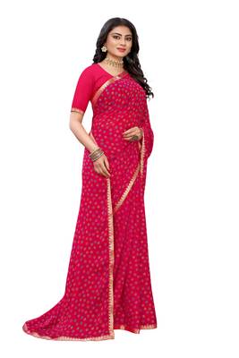 Pink printed chiffon saree with blouse 4