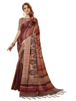 Beige printed manipuri silk saree with blouse 1