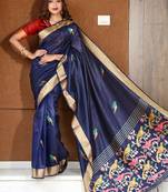 Navy blue woven bhagalpuri silk saree with blouse