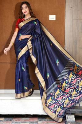 Navy blue woven bhagalpuri silk saree with blouse 2