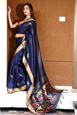 Navy blue woven bhagalpuri silk saree with blouse 3