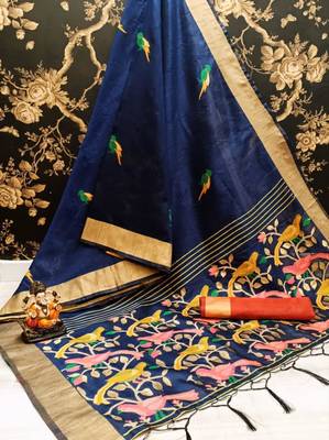 Navy blue woven bhagalpuri silk saree with blouse 4