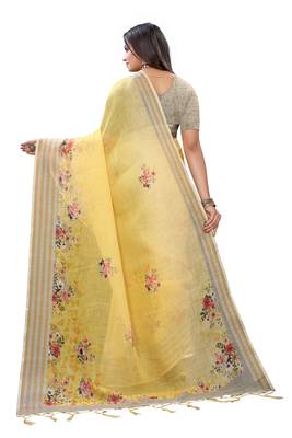 Yellow printed linen saree with blouse 5