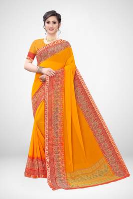 Orange printed georgette saree with blouse 3