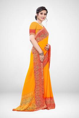 Orange printed georgette saree with blouse 1