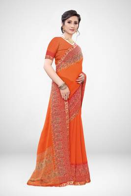 Orange printed georgette saree with blouse 4