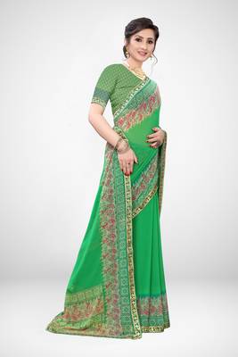 Green printed georgette saree with blouse 3