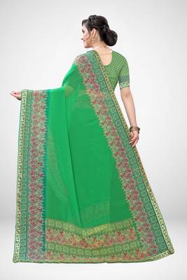 Green printed georgette saree with blouse 4