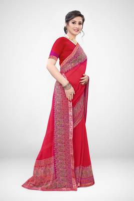 Peach printed georgette saree with blouse 4
