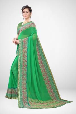 Green printed georgette saree with blouse 1