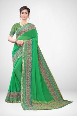 Green printed georgette saree with blouse 5