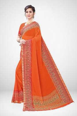 Orange printed georgette saree with blouse 5