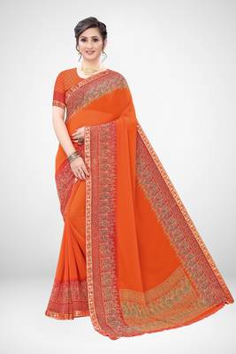 Orange printed georgette saree with blouse 1