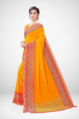 Orange printed georgette saree with blouse 4