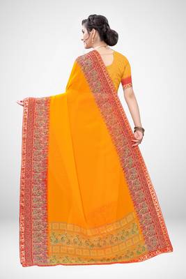 Orange printed georgette saree with blouse 5