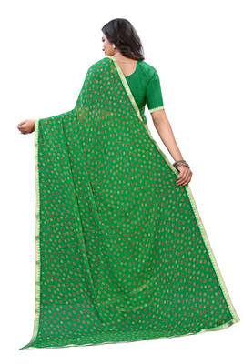 Green printed chiffon saree with blouse 5