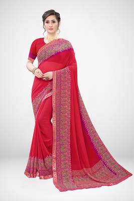 Peach printed georgette saree with blouse 5