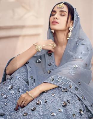 Grey Thread and sequins embroidered net semi stitched bridal lehenga 4